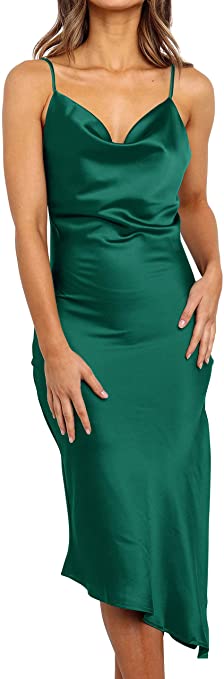 R.Vivimos Women's Satin Dress Spaghetti Straps Side Slit Cowl Neck Irregular Hem Midi Dress