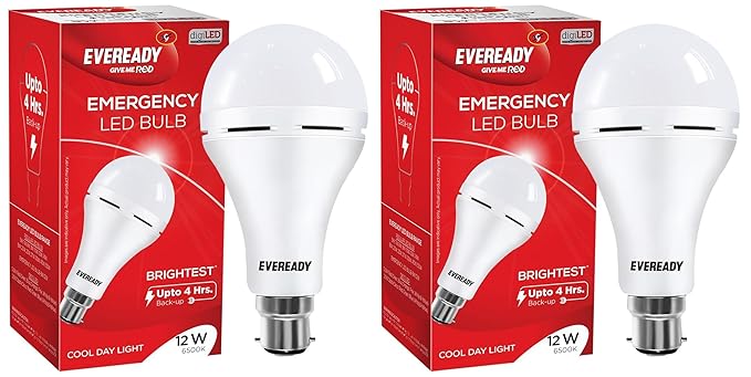 Eveready 12W B22D Emergency Inverter LED Bulb| Cool Day Light (6500K) | Pack of 2 | Energy Efficient | 4 Hour Battery Backup | Li-on Battery Inside