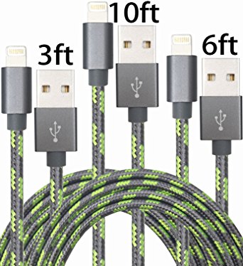 GOLDEN-NOOB3Pack 3 6 10FT Nylon Braided Popular Lightning Cable 8Pin to USB Charging Cable Cord with Aluminum Heads for iPhone 6/6s/6 Plus/6s Plus/5/5c/5s/SE,iPad iPod Nano iPod Touch(Gray Green)