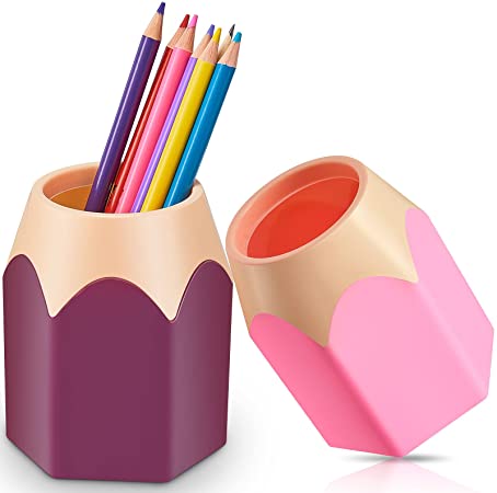 2 Pieces Pencil Shaped Pen Holders Pencil Storage Organizer Cute Desktop Pen Cup Colorful Vase Pencil Pot Cartoon Stationery Rack Classroom Home Office Supplies Desktop Decor (Pink, Purple)