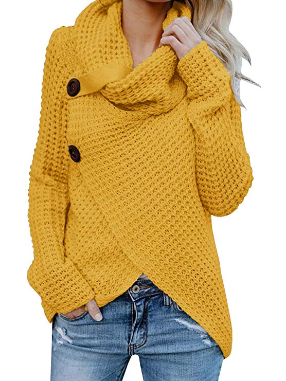 Shele Womens Turtleneck Sweater Warm Cable Knitted Loose Button Wrap Asymmetrical Pullover Tops