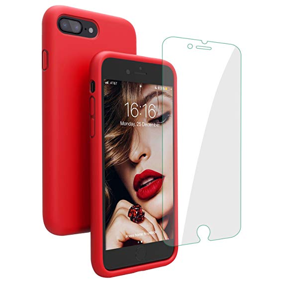 JASBON iPhone 8 plus Case, iPhone 7 plus Case, Liquide Silicone Phone Case with Free Tempered Screen Gel Rubber Soft Touch Cover Full Protective Case for iPhone 8 plus iPhone 7 plus-Red