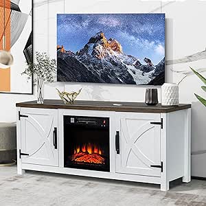 Modern 58" TV Stand with 18" Electric Fireplace Heater & Media Entertainment Center for TV up to 65 Inch, Console Table with Storage Cabinets for Living Room (White with Fireplace)