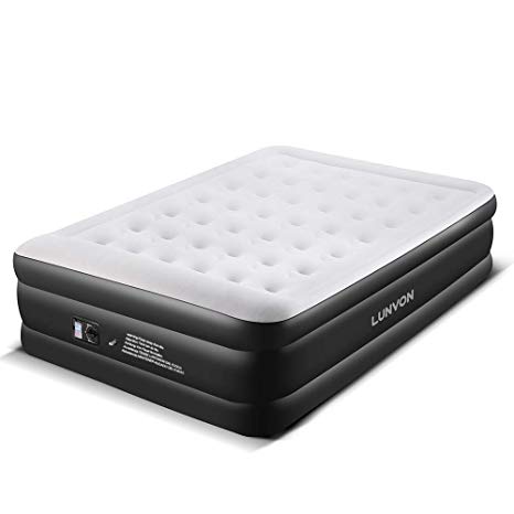 Lunvon Upgraded Queen Size Double Air Bed, Air Mattress Blow Up Elevated Raised Airbed Inflatable Beds with Built-in Electric Pump, Storage Bag and Repair Patches Included, White