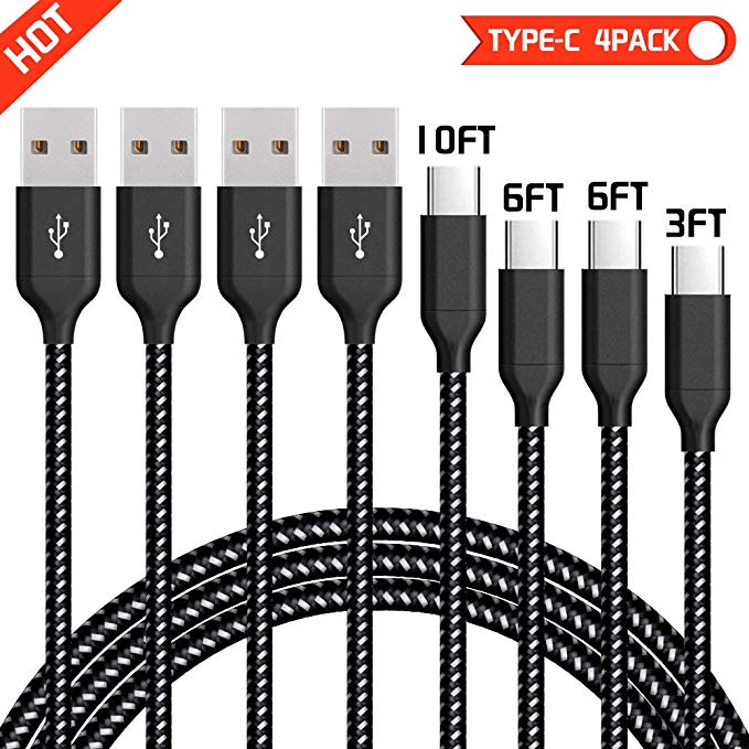 AAJO Type C Cables, ⚡Type C to USB 2.4A Charging Cords Nylon Braided(4 Pack 3FT 2x6FT 10FT) Data&Sync Faster Charger Compatible with Samsung Galaxy S9, S9 Plus, S8,S8 Plus, Note 8 S8 S8 , LG G5 V20, HTC 10, Nexus 6P 5X and More