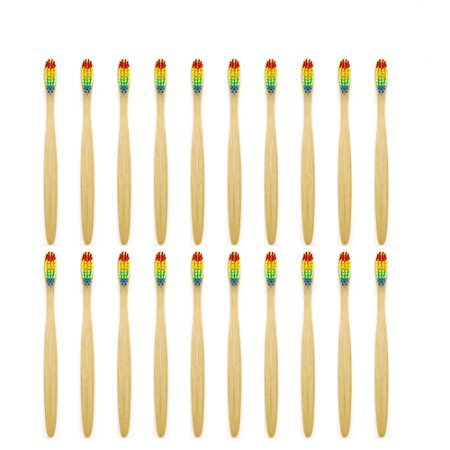 Genkent Natural Bamboo Toothbrush Made with Rainbow Nylon Infused Bristles (20 Counts)