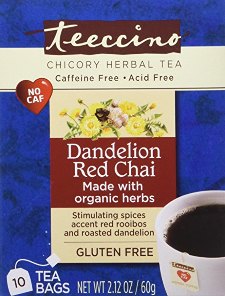 Teeccino Dandelion Red Chai Herbal Tea Bags, 85% Organic, Gluten Free, Caffeine Free, Acid Free, 10 Count