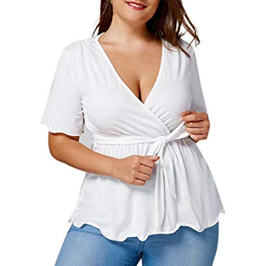 FEITONG Fashion Womens Solid Plus Size Blouse Short Sleeve Belted V-Neck Tops
