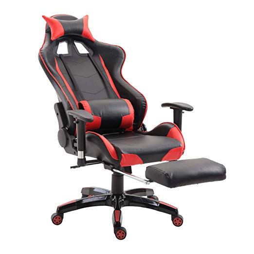 HOMCOM PU Leather Gaming Chair Racing Chair Office Swivel Recliner Ergonomic High Back Executive Seat with Footrest - Red