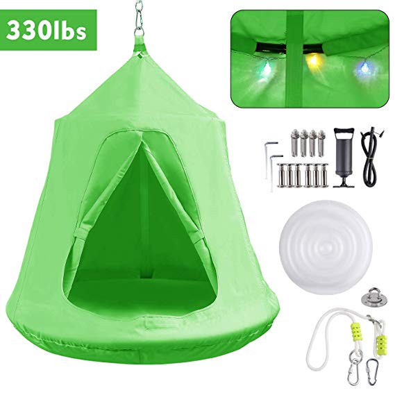 GARTIO Hanging Tree Tent, Waterproof Swing Play House, Portable Hammock Chair, with LED Decoration Lights, Inflatable Cushion, Suit for Adult and Kids Indoor Outdoor, Max Capacity 330lbs (Green)