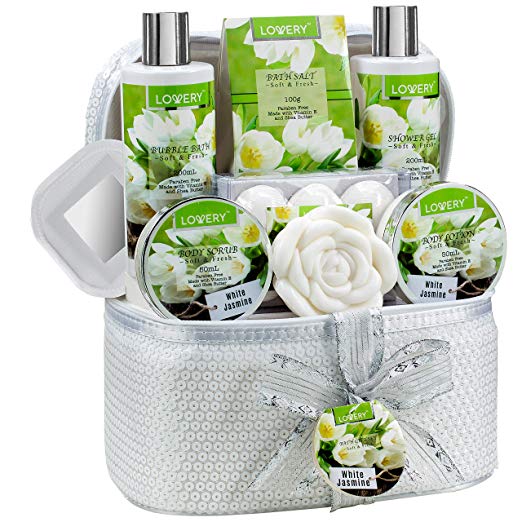 Mother's Day Bath and Body Gift Basket For Women & Men – 14 Piece Set in White Jasmine Scent - Home Spa Set with 6 Bath Bombs, Lotions, Roses Soap, Hand Crafted White Sequined Cosmetics Bag and More