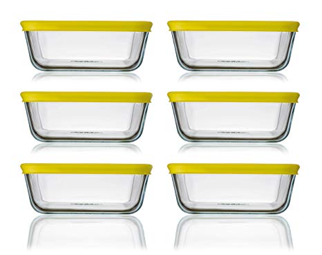 Pyrex Cook n Fresh - Square Storage Set - Set of 6 Dishes with Yellow Plastic Lids - 6 x 0.85L (Dimensions: L15 x W15 x H6 cm)