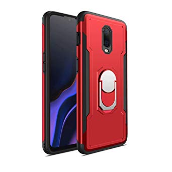 iKuboo Dual Layer Case for Oneplus 6T, Slim Protective Cover with Ring Holder Kickstand, Work with Magnetic Car Mount-Red
