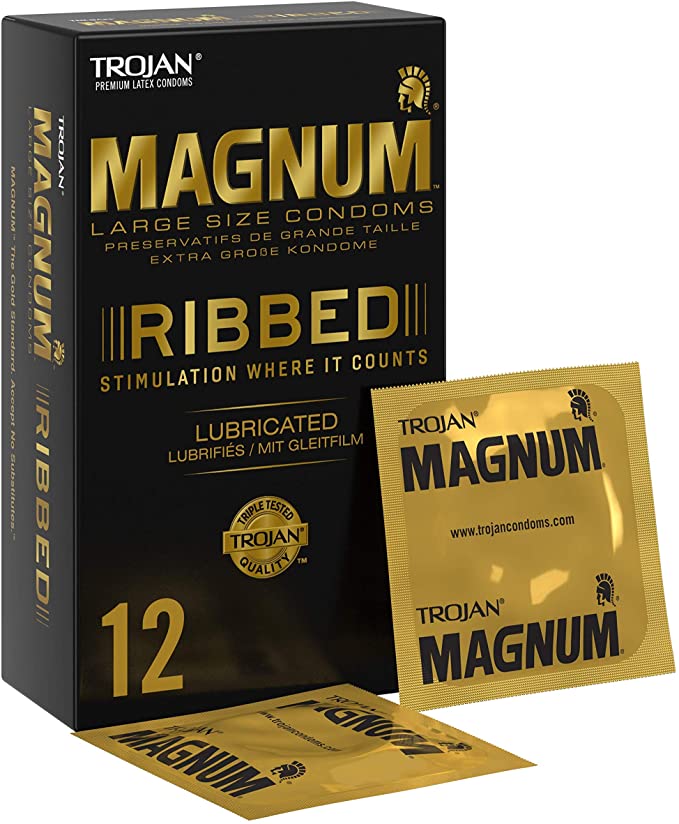 Trojan Magnum Large Ribbed and Lubricated Condoms with Premium Quality Latex - Pack of 12