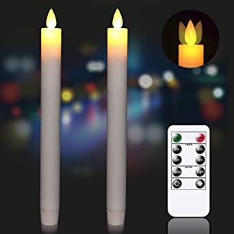 GenSwin LED Taper Candles Battery Operated with Remote & Timer, Moving Wick Flameless Flickering Wax Taper Window Candles Christmas Decoration(0.78 x 9.5 Inches, White, Set of 2)