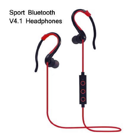 Bluetooth V4.1 Headsets, Sport Wireless Headphone Earbuds Microphone Stereo Headsets with Ergonomic Designed Ear Hooks Sweatproof for iPhone, iPad, Samsung Galaxy, Tablet, Red