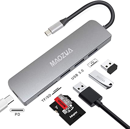 MAOZUA USB C Hub for MacBook Pro,6 in 1 Type C Hub Adapter with 3 USB 3.0 Ports, TF/SD Card Reader,USB-C Power Delivery Compatible for Macbook 2019/2018 Macbook Air Pro 2019/2018/2017, USB C Devices