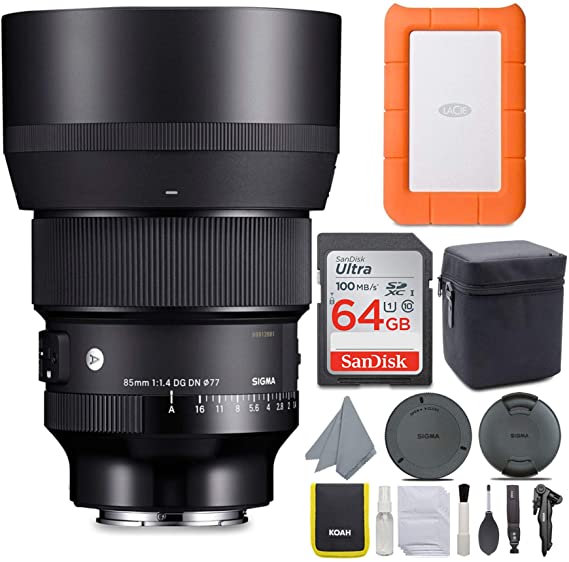 Sigma 85mm f/1.4 DG DN Art Lens for Sony E Bundle with LaCie Rugged Mini 1TB Hard Drive and 64GB SD Card (4 Items)