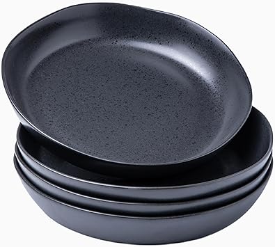 AmorArc Ceramic 9.75 inch Large Flat Pasta Bowls, 38oz Wide Bowls Set of 4 for Kitchen, Oven,Microwave&Dishwasher Safe Bowls with Wavy Rim for Pasta Salad Dinner, Speckled Black