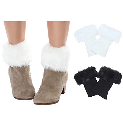 FAYBOX Women Winter Faux Fur Boot Cuff Knitting Leg Warmers Short