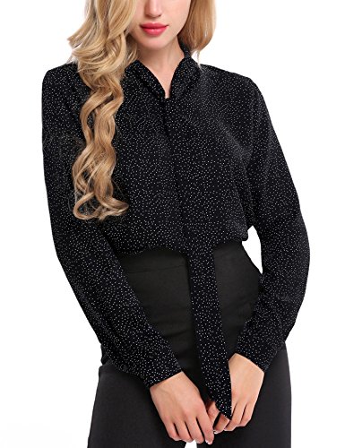 Beyove Women Bow Tie Chiffon Cuffed Sleeve Blouse Polka Dot Button Down Shirt