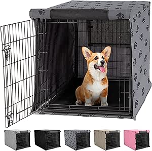 Gorilla Grip Dog Crate Covers compatible with Amazon Basics Dog Crates, All Sides Open, Privacy Cover Fits 30" Wire Kennel, Breathable Mesh Windows, Light Reducing Puppy Training Cage Topper, Gray Paw