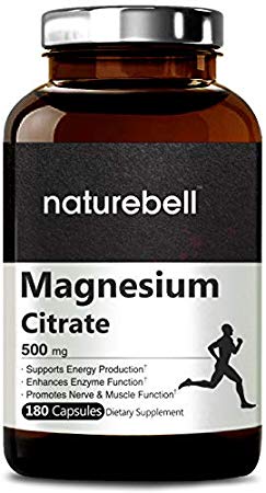 Maximum Strength Magnesium Citrate 500mg,180 Capsules, Powerfully Supports Energy Production, Metabolism, The Function of Muscles, Heart & Bones. Non-GMO and Made in USA