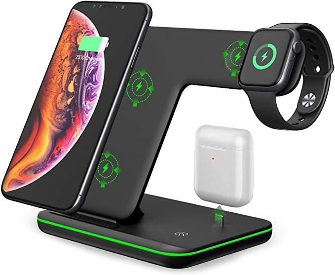 W Wireless Charging Station, 3 in 1 Qi Fast Charger for Apple Watch 5 4 3 2 1/Airpods, Wireless Charger for iPhone 11/11 Pro/11 Pro Max/XS Max/XS XR Plus Samsung S10 S9 S8 S7 and Qi-Certified Phones