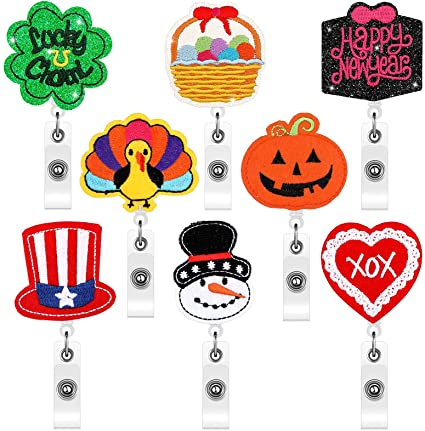 8 Pieces Holiday Badge Reels Gnome Badge Holder Felt Embroidered Retractable Badge Reel Holder with Alligator Clip for Valentine's Day Nurse Teachers Doctor Employees (Vivid Style)