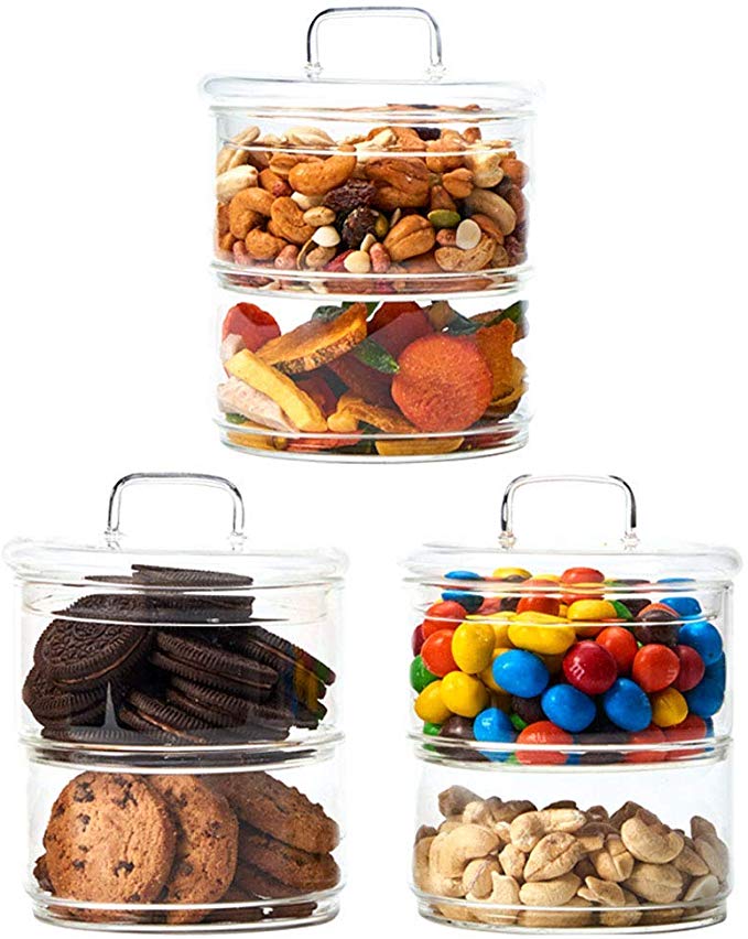 EZOWare 2-Tier Stackable Glass Storage Apothecary Jar Containers with Lid, Ideal for use as Decorative Candy Dish, Snack Food Storage, Cookie Canisters, Bathroom Organizer - Set of 3