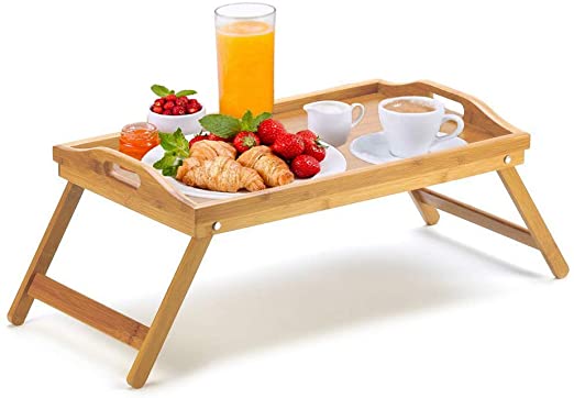 FOVERN1 Bed Tray Table with Folding Legs, Bamboo Breakfast Tray for Sofa, Bed, Food Eating, Working, Used As Laptop Desk Snack Tray