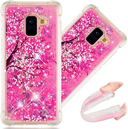 COTDINFORCA A8  2018 Case, Cute Painted Glitter Liquid Sparkle Floating Bling Quicksand Shockproof Protective Bumper Silicone Case Cover for Samsung Galaxy A8 Plus 2018 A730. Liquid - Cherry Blossoms