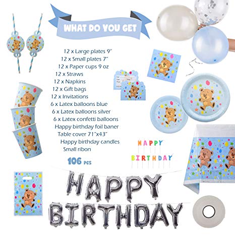 MProduct Birthday Party Supplies for Boys Accessories Set - 12 Decorations and Favors - Includes Balloons, Disposable Plates, Paper Cups, Straws, Napkins, Invitations I Party Supplies I Pattern