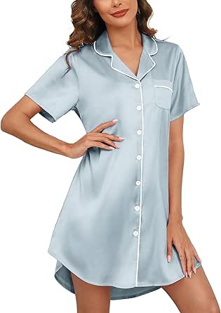 Samring Women's Satin Nightshirt Short Sleeve Button Down Sleepshirt Silk Pajamas Nightgown for Women