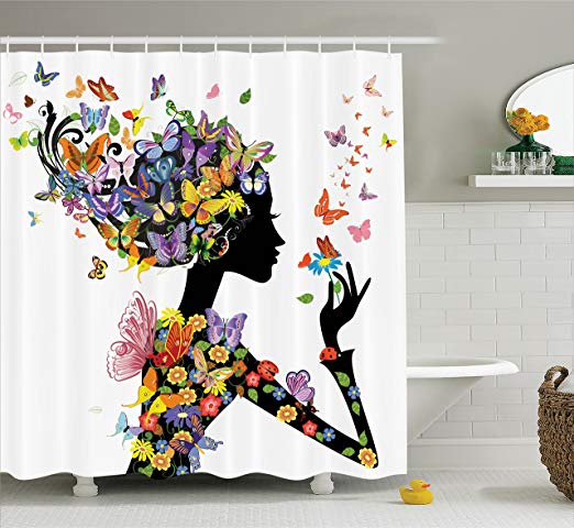 Ambesonne Butterfly Shower Curtain Girl Decor by, Girl Fashion Flowers with Butterflies Ornamental Floral Foliage Nature Forest Design, Polyester Fabric Bathroom Set with Hooks, Black White Purple