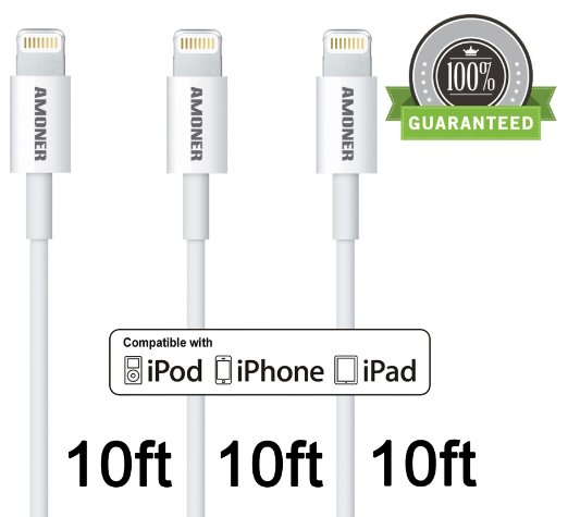 Amoner Durable-Series 10ft 8 Pin USB Charging Cable Syncing Cord 3 Piece - White