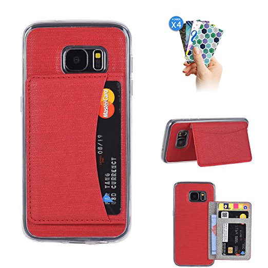 GALAXY S7 Edge Card Case,GALAXY S7 Edge Wallet Case,TRIPKY [4 Card Slots][Ultra Slim][Kickstand] Canvas Pure Color Flip Cases with Magnetic Holster for GALAXY S7 Edge Red