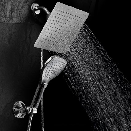 DreamSpa® Ultra-Luxury 9" Rainfall Shower Head / Handheld Combo. Convenient Push-Button Flow Control Button for easy one-handed operation. Switch flow settings with the same hand! Premium Chrome