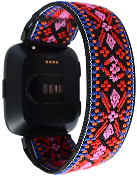 Tefeca Red Embroidery Ethnic Pattern Elastic Compatible/Replacement Band for Fitbit Versa/Versa 2/ Versa Lite/Versa SE (Black, M fits Wrist Size : 6.5-7.0 inch)