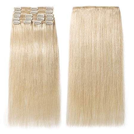 s-noilite Thick Double Weft 100% Clip in Remy Human Hair Extensions Grade 7A 8 Piece Full Head Hair Extensions for Women 16 inch 130g Platinum Blonde #60