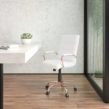 Flash Furniture Mid-Back White Leather Executive Swivel Chair with Rose Gold Frame and Arms