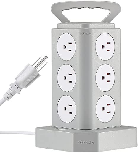 POERMA Tower Power Strip Charging Station with 3 USB Ports Outlets Surge Protector, 12 Way Plug Socket Charging Station, Vertical Power Strip Tower with USB for Home Office, 1.8M/6Ft Cord
