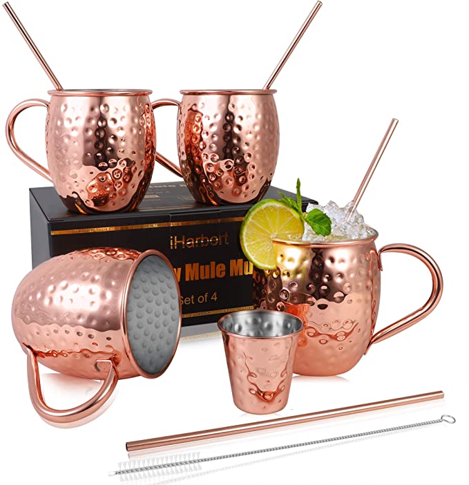 Beer Glasses Moscow Mule Mugs, Set of 4, 16 oz, HandCrafted Food Safe Pure Solid Beer Mugs Wine Tumbler Cups Glasses, Gift Set With Cocktail Copper Straws, Shot Glass, Straw Brush, Rose Gold