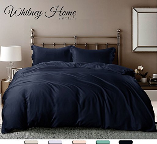 Hotel Quality Silky Soft 100% Bamboo-Derived Rayon Duvet Cover Set 3 Pieces (1 Duvet Cover, 2 Pillow Shams) Hypoallergenic Breathable Comforter Case Quilt Cover, Bedding Navy Queen