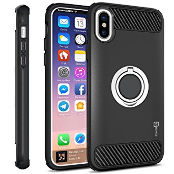 iPhone X Case with Ring, CoverON RingCase Series Premium Protective Hard Hybrid Dual Layer Armor Phone Cover with Carbon Fiber Accents and Finger Grip Ring - Black