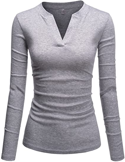 TheLees Womens Fitted Tee V-Neck Long Sleeve Daily Cotton Tshirts