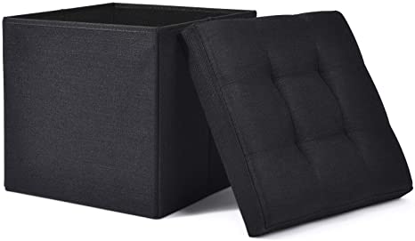 WoneNice Folding Storage Ottoman Cube Foot Rest Stool Seat- 15" x 15" (Linen Black)