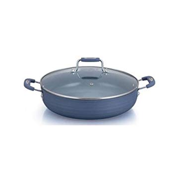 HEALTHY CHOICE QDN014 14" Aluminum Deep Fry Pan with Glass Lid in Blue, Induction Safe, Non-stick, Dishwasher Safe