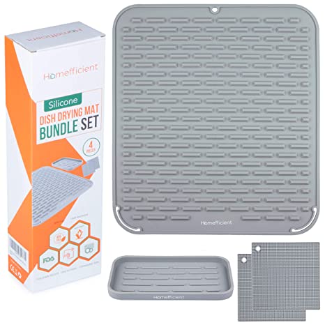 Homefficient Silicone Dish Drying Mat - Drying Mat Bundle Set for Kitchen - Non-Skid Surface Counter Top Dish Mat - Dish Strainer Mat With Heat Resistant Trivets & Kitchen Sink Organizer (Gray)
