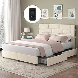 VECELO Queen Size Bed Frame with 4 Storage Drawers, Upholstered Platform Bed Frame with Velvet Headboard and Charging Station, No Box Spring Needed, Beige